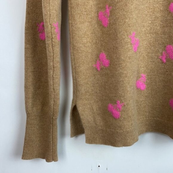J.Crew S Cashmere Sweater Tan & Pink Cherries Intarsia Neon - Picture 10 of 13